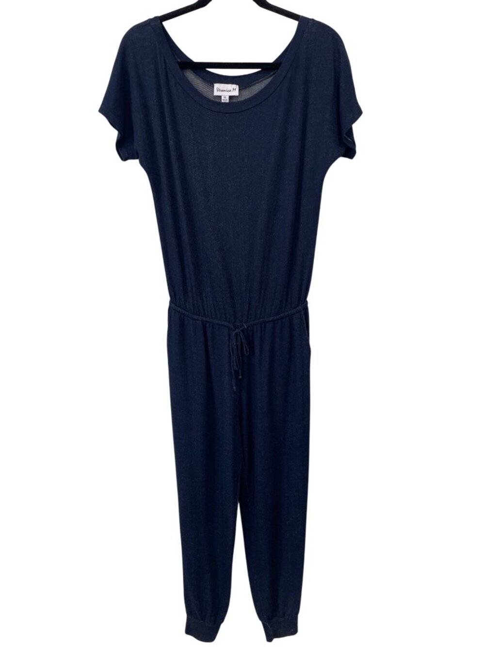 Veronica M Jogger Jumpsuit XS Short Sleeve Scoop Neck Drawstring Waist Navy Blue
